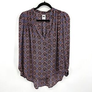 REVOLVE NSF Purple Orange Silk Pleated Sleeve Medallion Button Up Blouse Small